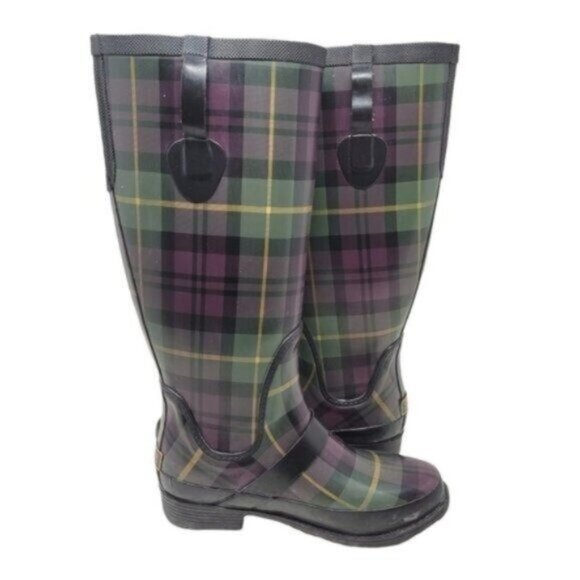 L.L. Bean | Womens Wellies Rain Boots Plaid Purple Green - Picture 3 of 14